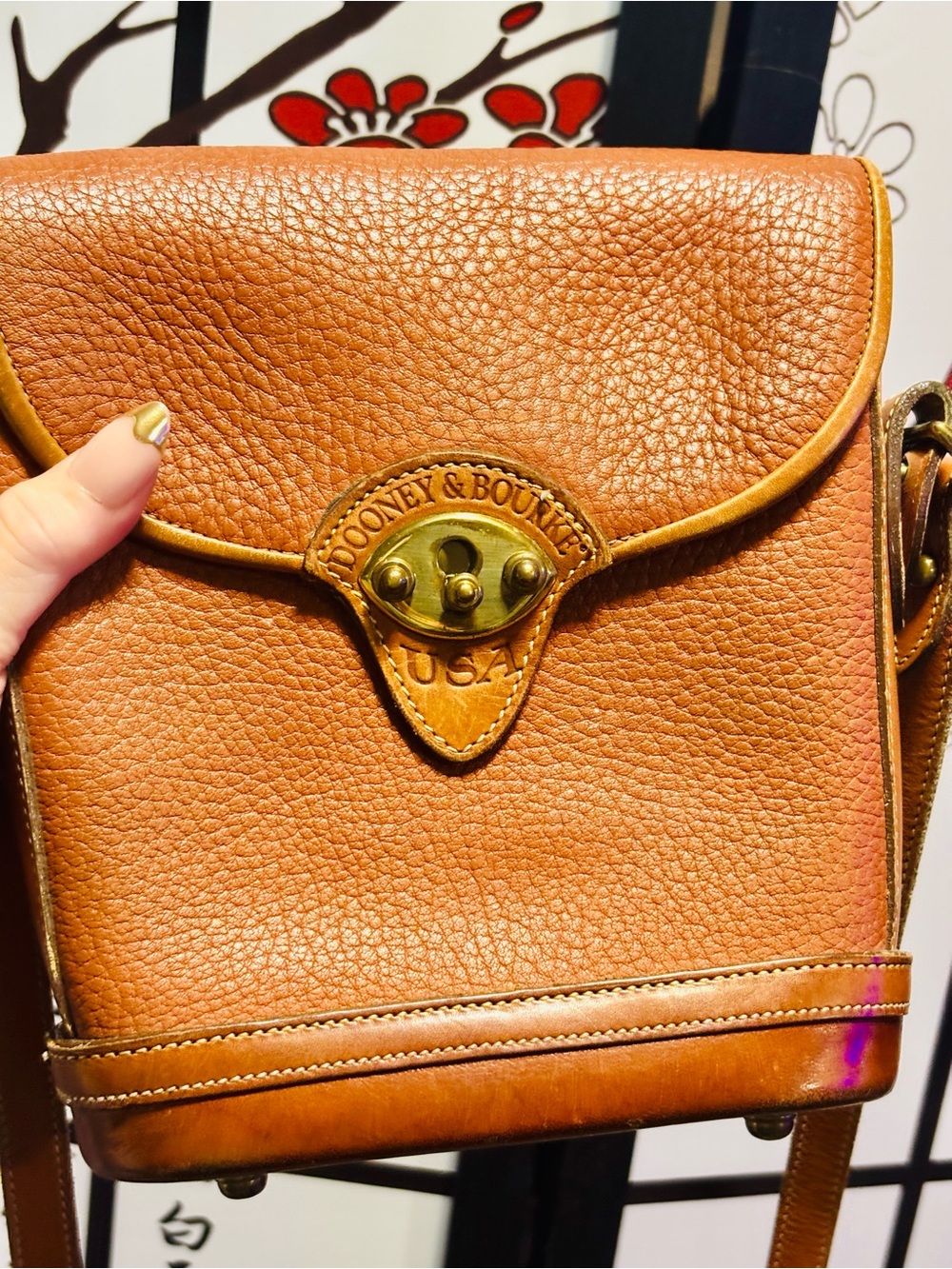 Vintage Dooney & Bourke Tan Pebbled Leather Crossbody with Brass Turn-Lock